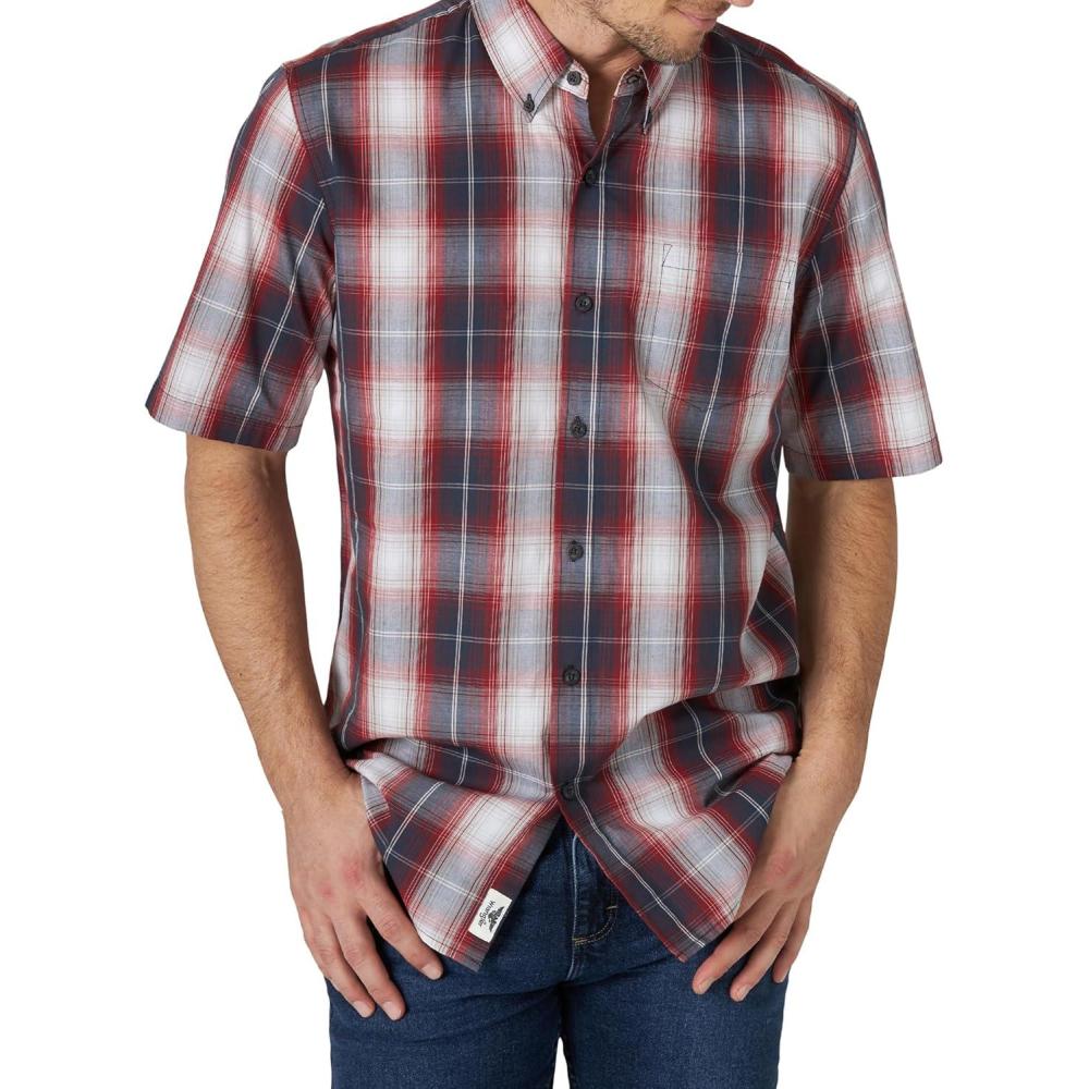 imageWrangler Authentics Mens Short Sleeve Classic Plaid ShirtRosewood Plaid