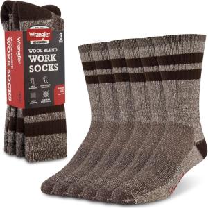 imageWrangler Mens Blended Wool Work Socks  Crew Socks for Hiking Boots ampamp AllWeather Wear with Arch Support  Size 612Brown